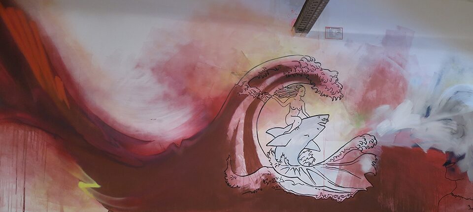 Cooperation at IBUG 2015. I turned this wave of red into this iconic girl riding a bearded shark.