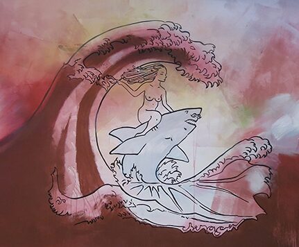 Cooperation at IBUG 2015. I turned this wave of red into this iconic girl riding a bearded shark.